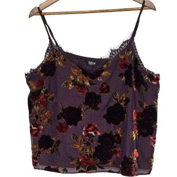 a.n.a Tops - Womens Sz XL Y2K Velvet Burnout Dark Floral Lace Trim Camisole Purple Red Gold